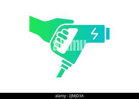 Hand holding electric charger connector green gradient icon. Electrical transportation energy charging plug symbol. Eco friendly electro vehicle charge sign. Battery powered EV transport station logo Stock Vector