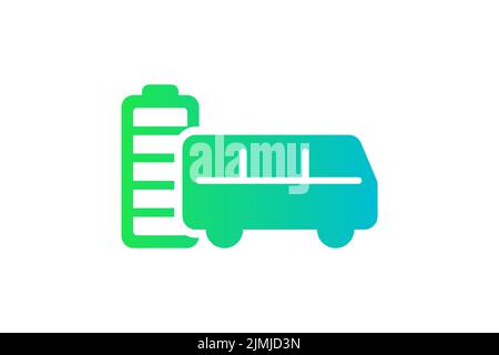 Electric bus with fully charged battery energy indicator green gradient icon. Electrical city passenger transport accumulator charger symbol. Electro charging auto. Eco friendly vehicle recharge sign Stock Vector