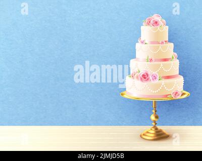 Wedding cake with cream roses on top and between tiers against blue background realistic image vector illustration Stock Vector