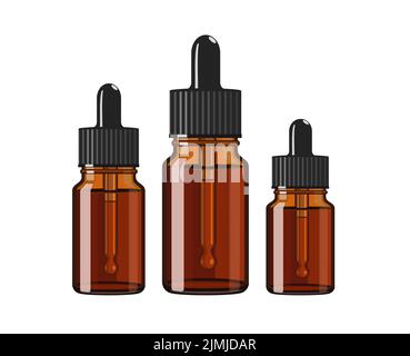 Three bottles of essential oil with pipette, made of brown glass, vector illustration on white background Stock Vector