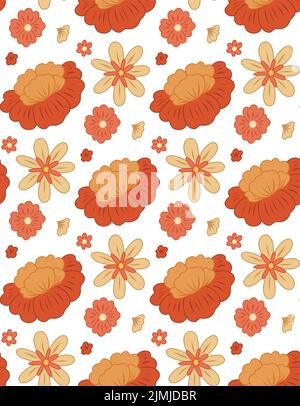 Vector seamless retro pattern with red groovy flowers on white background with ditsy. Floral old fashioned background for fabrics and wallpapers. Stock Vector