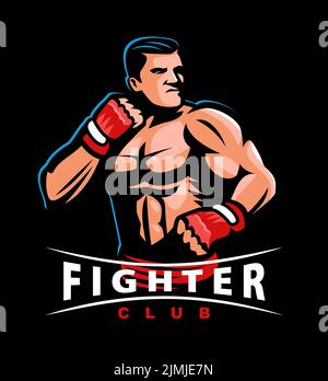 Fighter in fighting stance with fists in gloves for fight. MMA, boxing label and emblem. Sports mascot vector Stock Vector