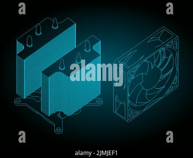 Stylized vector illustration of blueprints of disassembled cpu cooler Stock Vector