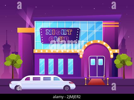 Night Club or Pub Building Cartoon Illustration for Nightlife like a Entertainment, Event and Disco Show Stock Vector