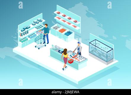 Vector of people men and women shopping in a sea food store Stock Vector