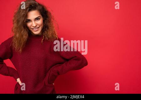 Photo of adorable pretty lady wear white t-shirt arms folded empty ...