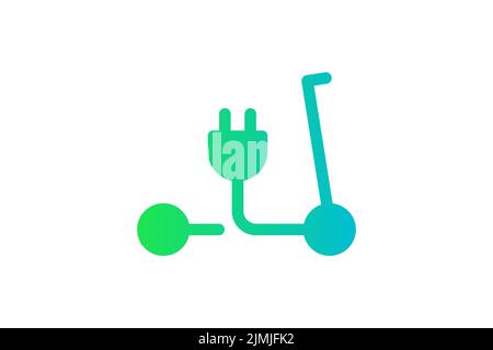 Electric push scooter icon. Green gradient cable electrical kick e-scooter and plug charging symbol. Eco friendly electro vehicle sign concept. Vector battery powered transportation eps illustration Stock Vector