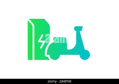 Electric motorbike charging in charger station icon. Electrical moped energy charge green gradient symbol. Eco friendly electro motorcycle recharge sign. Vector eps battery powered EV transportation Stock Vector