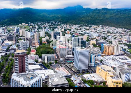 Aerial view, city view of Port Louis with harbor, old town and financial district, Mauritius Stock Photo