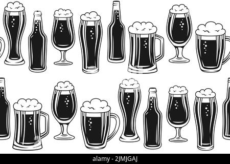 Beer bottle and glass seamless pattern. Engraved monochrome retro mug, glass bottle. Boundless ornament for brewery, bar pub. Oktoberfest beer festival engraving design, repeat print wallpaper drawing Stock Vector
