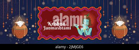 Happy Krishna Janmashtami background with matki, makhan, flute, peacock feathers. Dahi Handi Mandala Festival Poster. Greeting card, banner, social Stock Vector