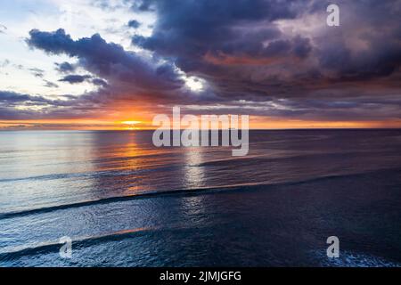 Aerial view: Sunset on the coast of Flic en Flac Stock Photo