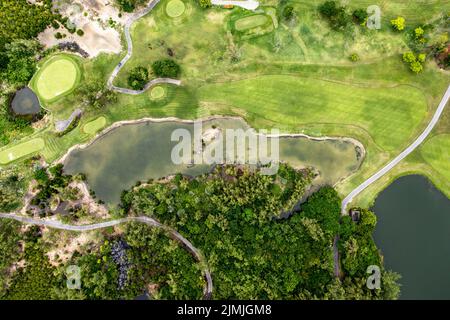 Aerial view, bay at Grand Port, il aux Cerfs with golf course, Flacq, Mauritius, Africa Stock Photo
