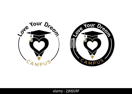 Graduate Toga Hat Pencil Love Heart for Education University Academic Campus logo Stock Vector