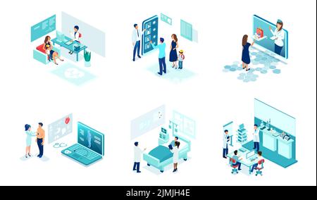 Isometric vector set of health care professionals doctors and nurses providing medical services to patients Stock Vector