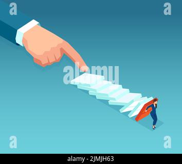 Vector of a businesswoman trying to stop falling domino pushed by a business man hand Stock Vector