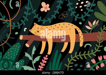 Leopard in jungle, jaguar sleeping on a tree branch in dense rainforest with tropic plants, cute spotted feline, exotic scenery. Vector illustration Stock Vector