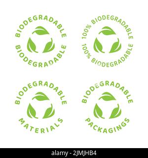 Biodegradable label in green with leaf and circle. Eco packaging recyclable symbol. Stock Vector