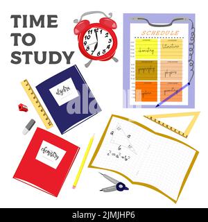 Time to study vector set of elements. Big educational clipart collection. Stock Vector