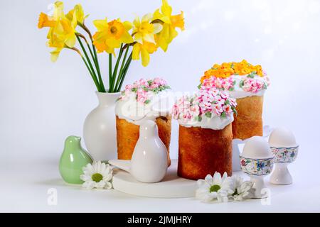 Easter cakes with decorative birds. Stock Photo