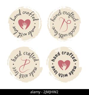 Hand made grunge circle label set. Handmade and crafted with love lettering stamp set, dry brush vector. Stock Vector
