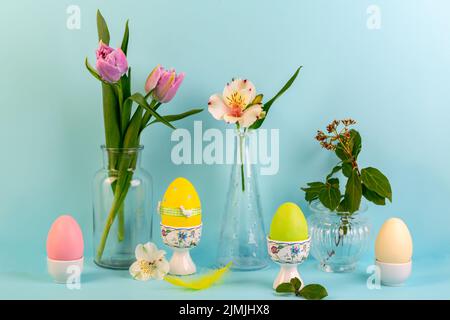 Easter composition with flowers and Easter eggs. Stock Photo