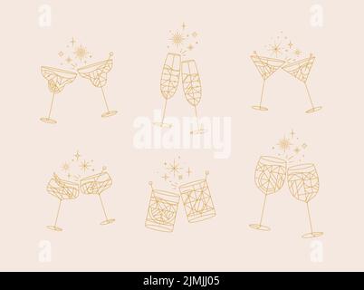 Cocktail glasses cheers for prosecco, wine, whiskey, vermouth, gin, martini, aperol, margarita in modern flat line style Stock Vector