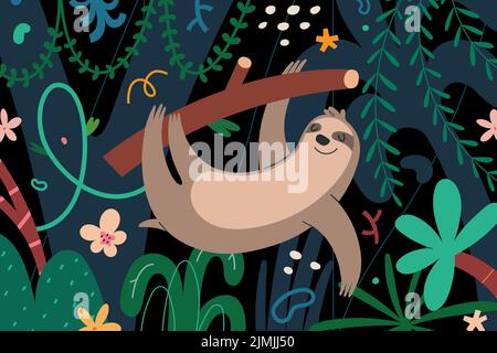 Cute sloth hanging on a tree branch in green rainforest with palms, adorable jungle animal, lazy tropic mammal, vector hand drawn illustration Stock Vector