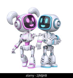 Cute pink girl and blue boy robots posing 3D Stock Photo