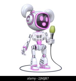 Cute pink girl robot hold microphone 3D Stock Photo