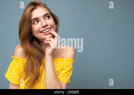 Close-up photo of young cute delightful beautiful attractive smiling positive happy dark blonde woman with sincere emotions isol Stock Photo