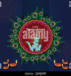Happy Krishna Janmashtami peacock feathers background with Lord Krishna Playing flute. Blue color Mandala Festival Poster. Greeting card, banner, soci Stock Vector