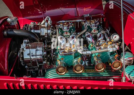 Lebanon, TN - May 13, 2022: Close up detail view of interior engine of a 1929 Ford Model A Roadster at a local car show. Stock Photo