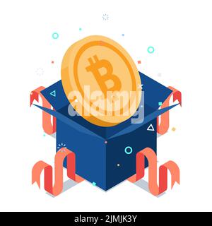 Flat 3d Isometric Bitcoin Inside Gift Boxes Showing Up. Bitcoin and Cryptocurrency airdrop Gift Concept. Stock Vector