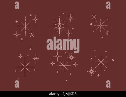 Clink splashes, stars, glowing in flat line art deco style drawing on red background Stock Vector