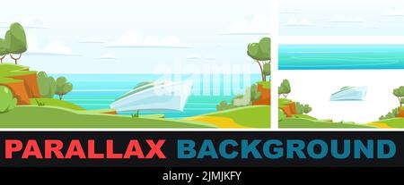 Ocean yacht. Set parallax effect. Modern multi tiered luxury vessel. Calm blue sea. Large passenger ship. Flat style. Coastal hill with meadow and roa Stock Vector