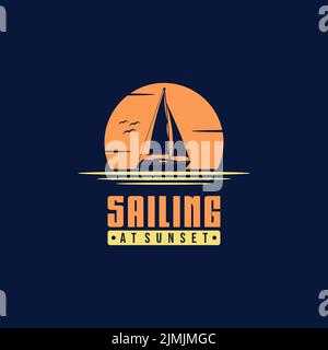 Sailing Yacht at Sunset or Sunrise Silhouette Logo design inspiration Stock Vector