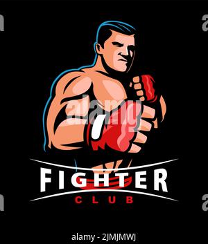 Fighter with fists in gloves stands in fighting stance. Design for fight club or sports emblem. Vector illustration Stock Vector