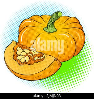 Whole and sliced pumpkin Pop Art style sticker Stock Vector