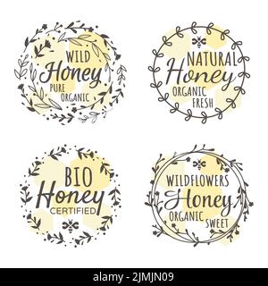Organic and bio honey label set with floral doodle wreath. Colorful vintage hand drawn and written labels with bee and honeycomb. Stock Vector