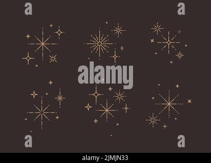 Clink splashes, stars, glowing in flat line art deco style drawing on brown background Stock Vector