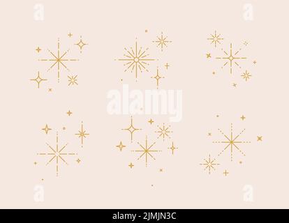 Clink splashes, stars, glowing in flat line art deco style drawing on beige background Stock Vector