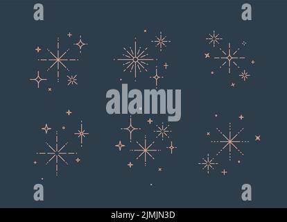 Clink splashes, stars, glowing in flat line art deco style drawing on blue background Stock Vector