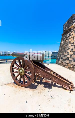 Old cannons in front of the Castillo de San Gabriel Castle Stock Photo