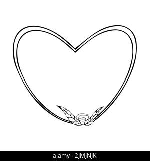 Elegant heart floral frame, border silhouette in hand drawn doodle style isolated on white background. Wreath decoration, delicate clip art. Vector illustration Stock Vector