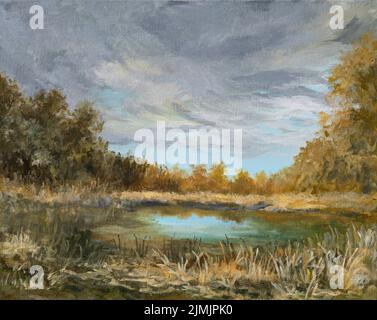 Oil painting of a warm day rural summer landscape in Danube Delta. Trees, reeds, and sky are reflected in the water. Stock Photo