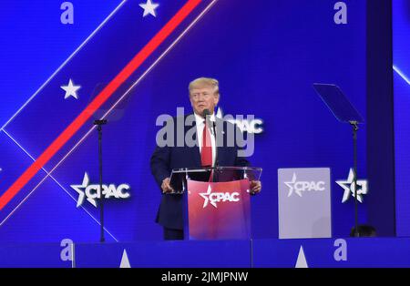 Dallas, TX, USA. 6th Aug, 2022. (NEW) Former President of the United States of America Donald Trump delivers remarks at the CEPAC in Dallas, Texas. August 6, 2022, Dallas, TX, USA. Former President of the United States of America Donald J. Trump delivers remarks during the Conservative Political Action Conference (CPAC), held in the state of Texas, in United States, on Saturday (6). Donald John Trump is an American politician, media personality and businessman who served as the 45th president of the United States from 2017 to 2021. Trump graduated from the Wharton School of the University of Stock Photo