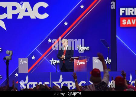 Dallas, TX, USA. 6th Aug, 2022. (NEW) Former President of the United States of America Donald Trump delivers remarks at the CEPAC in Dallas, Texas. August 6, 2022, Dallas, TX, USA. Former President of the United States of America Donald J. Trump delivers remarks during the Conservative Political Action Conference (CPAC), held in the state of Texas, in United States, on Saturday (6). Donald John Trump is an American politician, media personality and businessman who served as the 45th president of the United States from 2017 to 2021. Trump graduated from the Wharton School of the University of Stock Photo