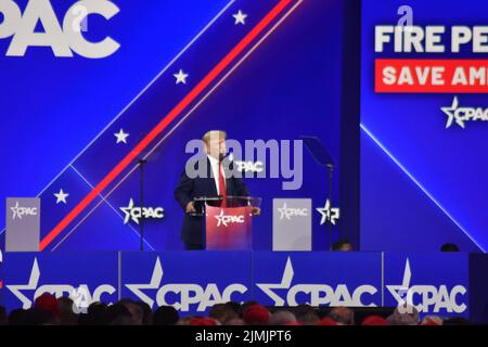 Dallas, TX, USA. 6th Aug, 2022. (NEW) Former President of the United States of America Donald Trump delivers remarks at the CEPAC in Dallas, Texas. August 6, 2022, Dallas, TX, USA. Former President of the United States of America Donald J. Trump delivers remarks during the Conservative Political Action Conference (CPAC), held in the state of Texas, in United States, on Saturday (6). Donald John Trump is an American politician, media personality and businessman who served as the 45th president of the United States from 2017 to 2021. Trump graduated from the Wharton School of the University of Stock Photo