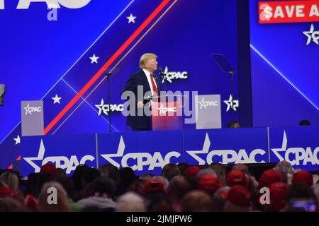 Dallas, TX, USA. 6th Aug, 2022. (NEW) Former President of the United States of America Donald Trump delivers remarks at the CEPAC in Dallas, Texas. August 6, 2022, Dallas, TX, USA. Former President of the United States of America Donald J. Trump delivers remarks during the Conservative Political Action Conference (CPAC), held in the state of Texas, in United States, on Saturday (6). Donald John Trump is an American politician, media personality and businessman who served as the 45th president of the United States from 2017 to 2021. Trump graduated from the Wharton School of the University of Stock Photo